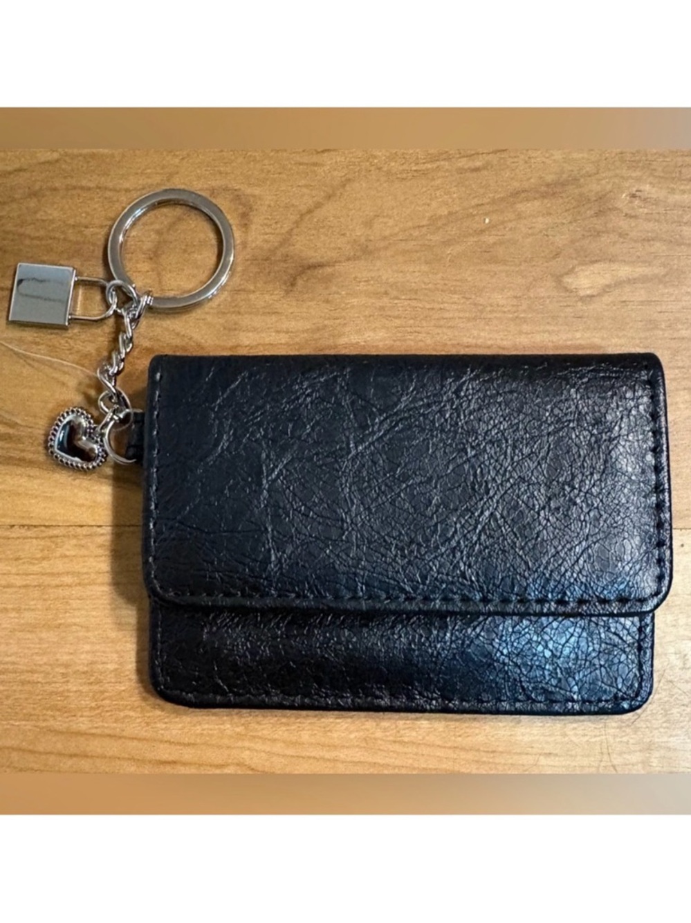 NWT Heart and Lock Charm Wallet Keychain, Black Faux Leather, Silver Hardware